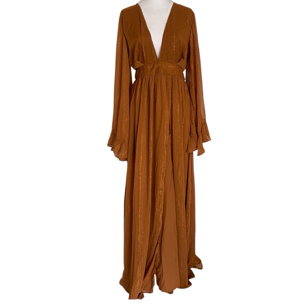 Showpo. Size 10 Rust Dangerous Woman Goddess V Neck High Leg Slit Maxi Dress